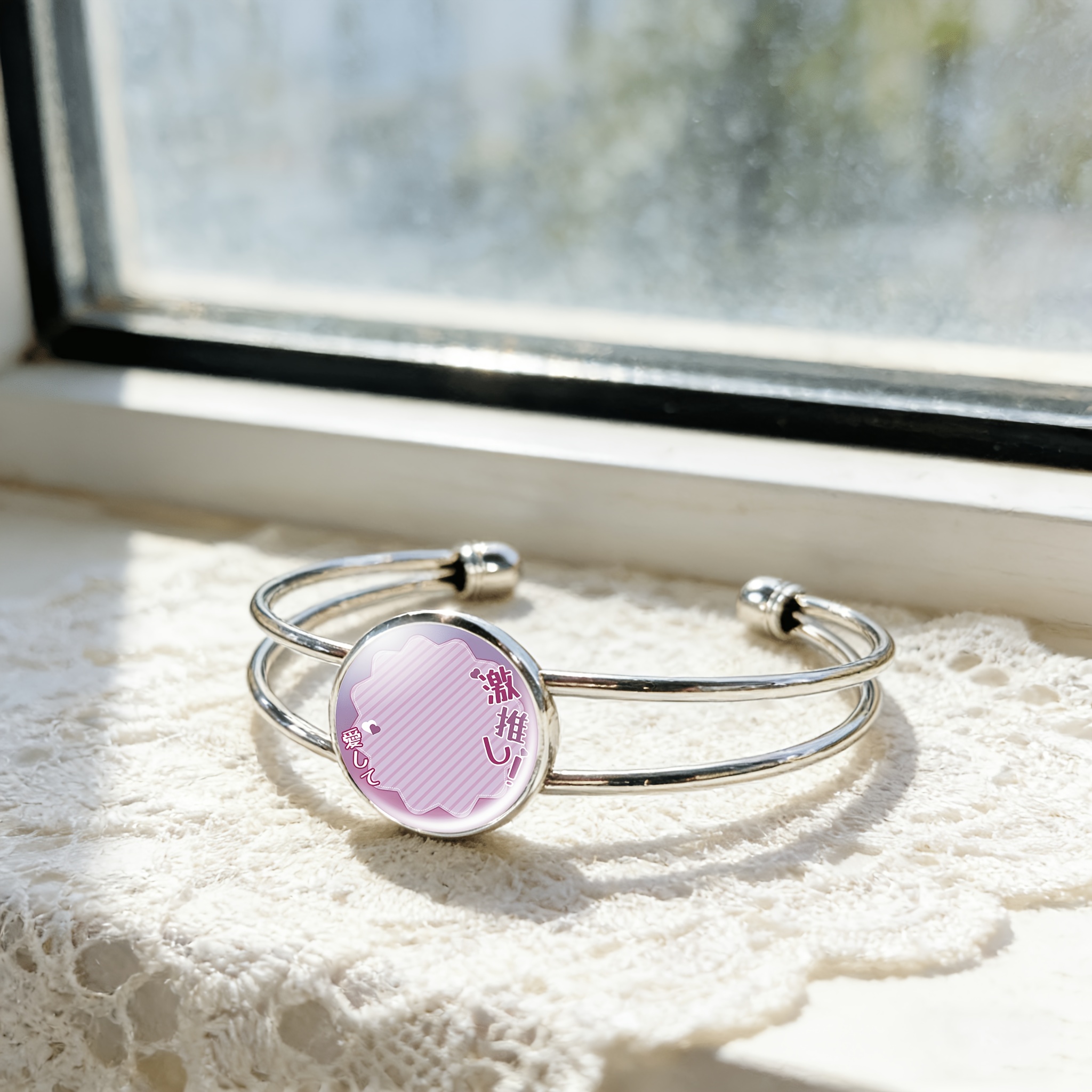 Women's Adjustable Open Bangle with Round Time Gemstone Inlay, Love Letter Design